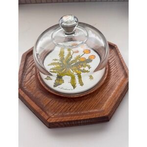 Vintage Goodwood Teak Cheese Board Glass Dome Cloche Dandelion Tile Mid Century